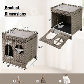 2-Tier Wicker Cat Condo with Litter Mat - Hidden Litter Box Enclosure, Detachable Washable Cushion, Gray Rattan