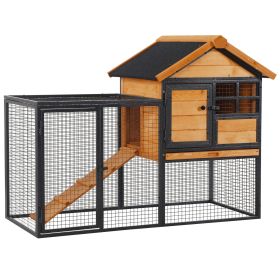 2-Level Rabbit Hutch Bunny Cage, Elevated Pet House With Weatherproof Hinged Asphalt Roof, Removable Tray & Ramp For Outdoor, Natural (Color: black)