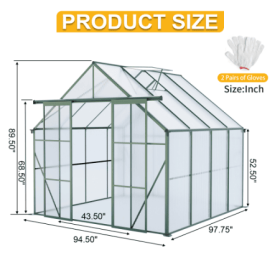 Double Door Polycarbonate Greenhouse Raised Base And Anchor Aluminum Heavy Duty Walk-in Greenhouses For Outdoor Backyard In All Season (Option: Green-8x8FT)