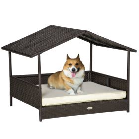 Wicker Dog Bed Outdoor Elevated With Rattan Canopy Cushioned PE Rattan Dog Cat House Sleeping Pad Cream (Color: black)