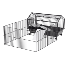 Small Animal Play Fence Cage With Rolling Casters, Water Bottle (Color: black)